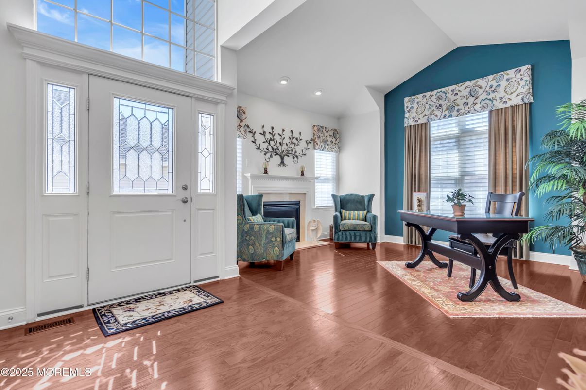 Fireplace, Home Office, Interior, Recessed Lighting, Wood Texture Flooring