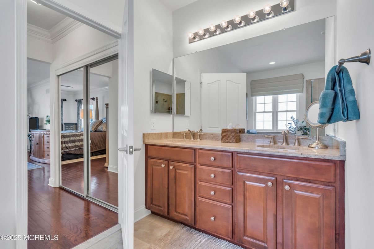 Bathroom, Bedroom, Dual Sink Vanities, Interior, Recessed Lighting, Wood Texture Flooring