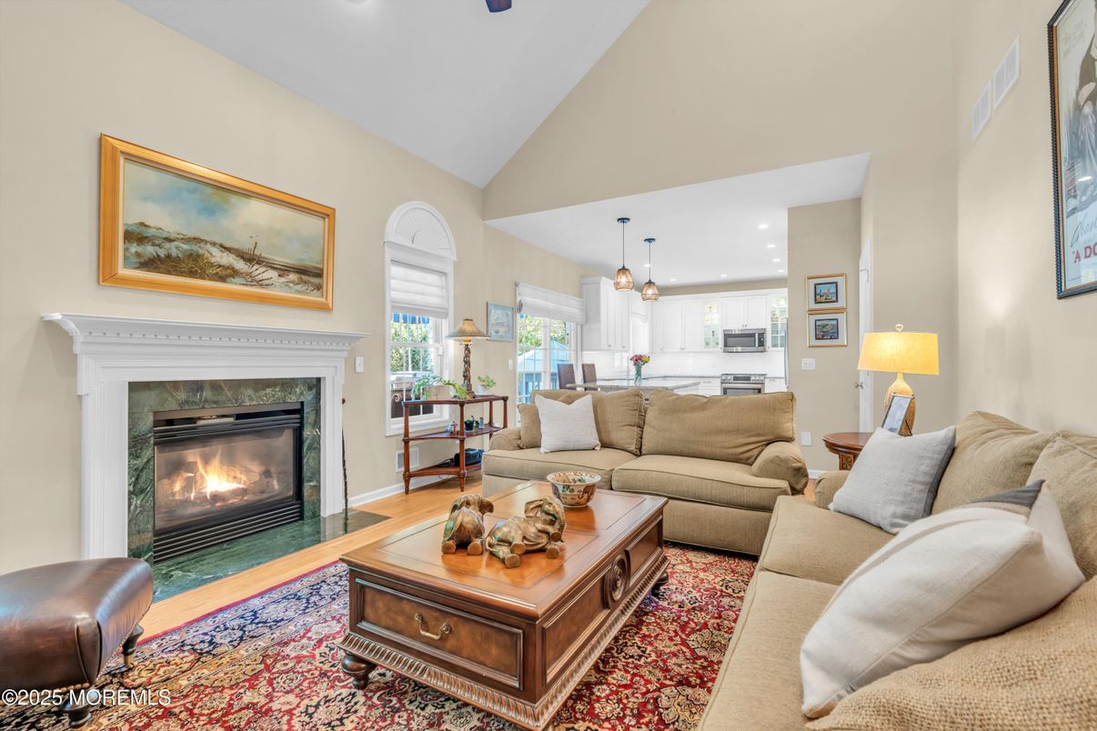 Fireplace, Interior, Kitchen, Living room, Pendant Lights, Recessed Lighting, Wood Texture Flooring