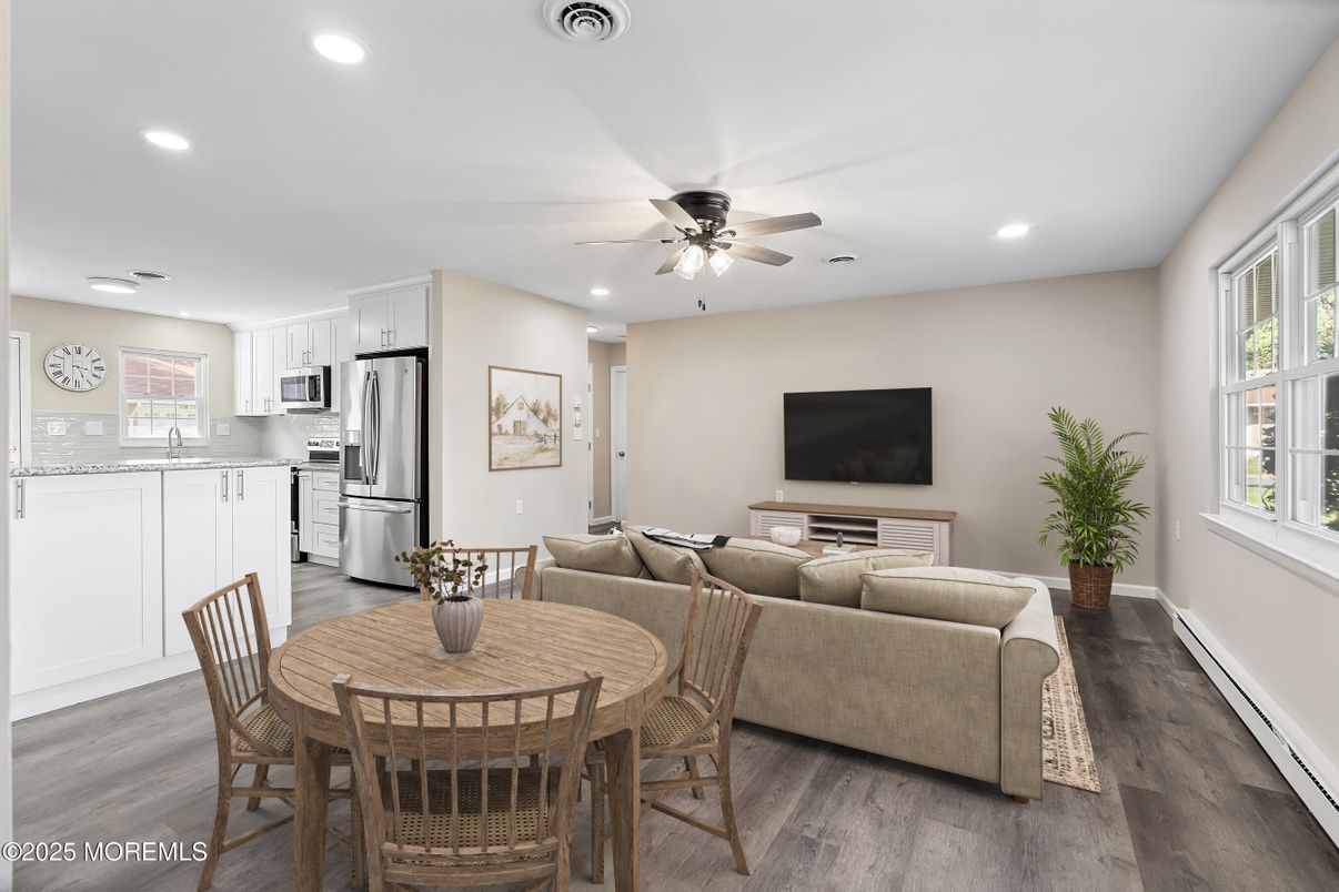Dining room, Interior, Kitchen, Living room, Recessed Lighting, Stainless Steel Appliances, Wood Texture Flooring