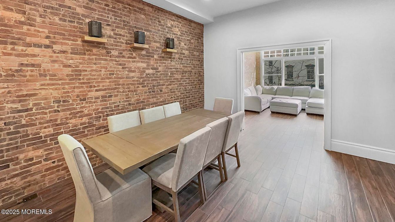 Dining room, Interior, Living room, Recessed Lighting, Stone Walls, Wood Texture Flooring