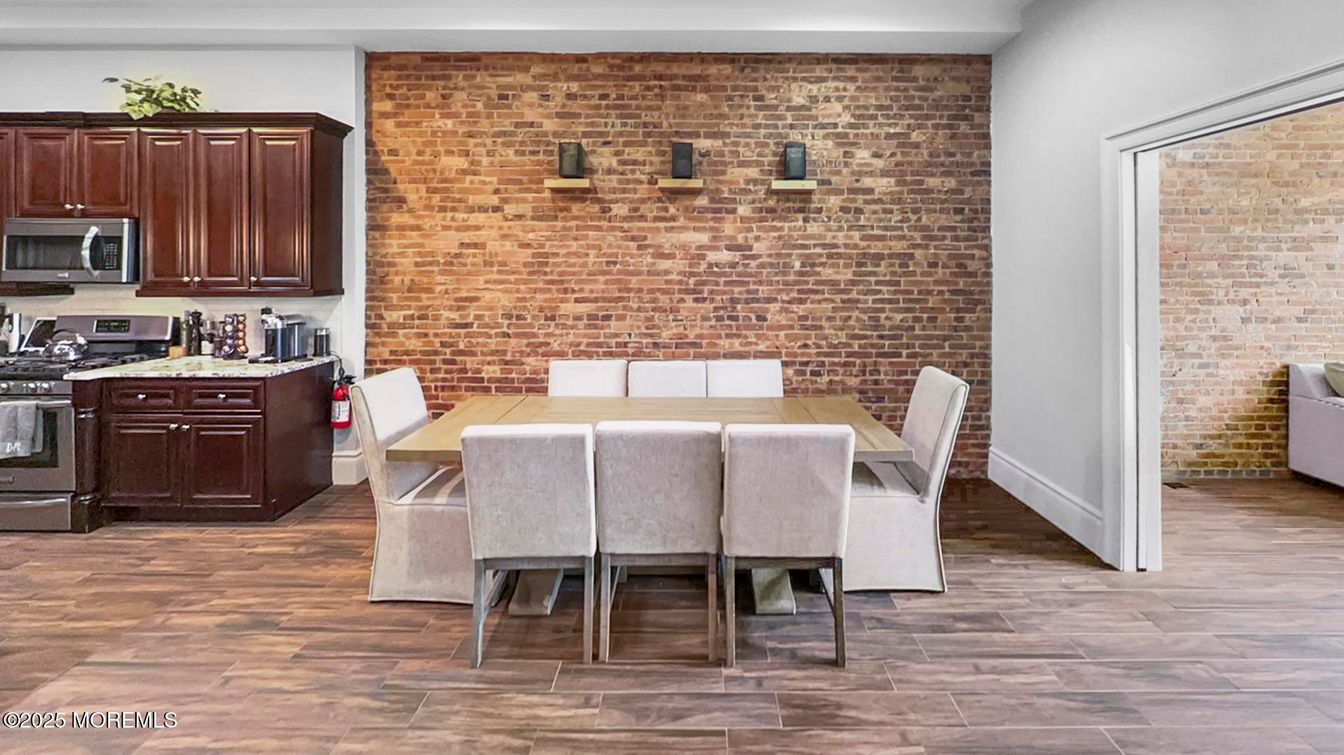 Dining room, Interior, Kitchen, Recessed Lighting, Stone Walls, Wood Texture Flooring