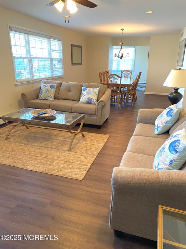 Dining room, Interior, Living room, Pendant Lights, Recessed Lighting, Wood Texture Flooring