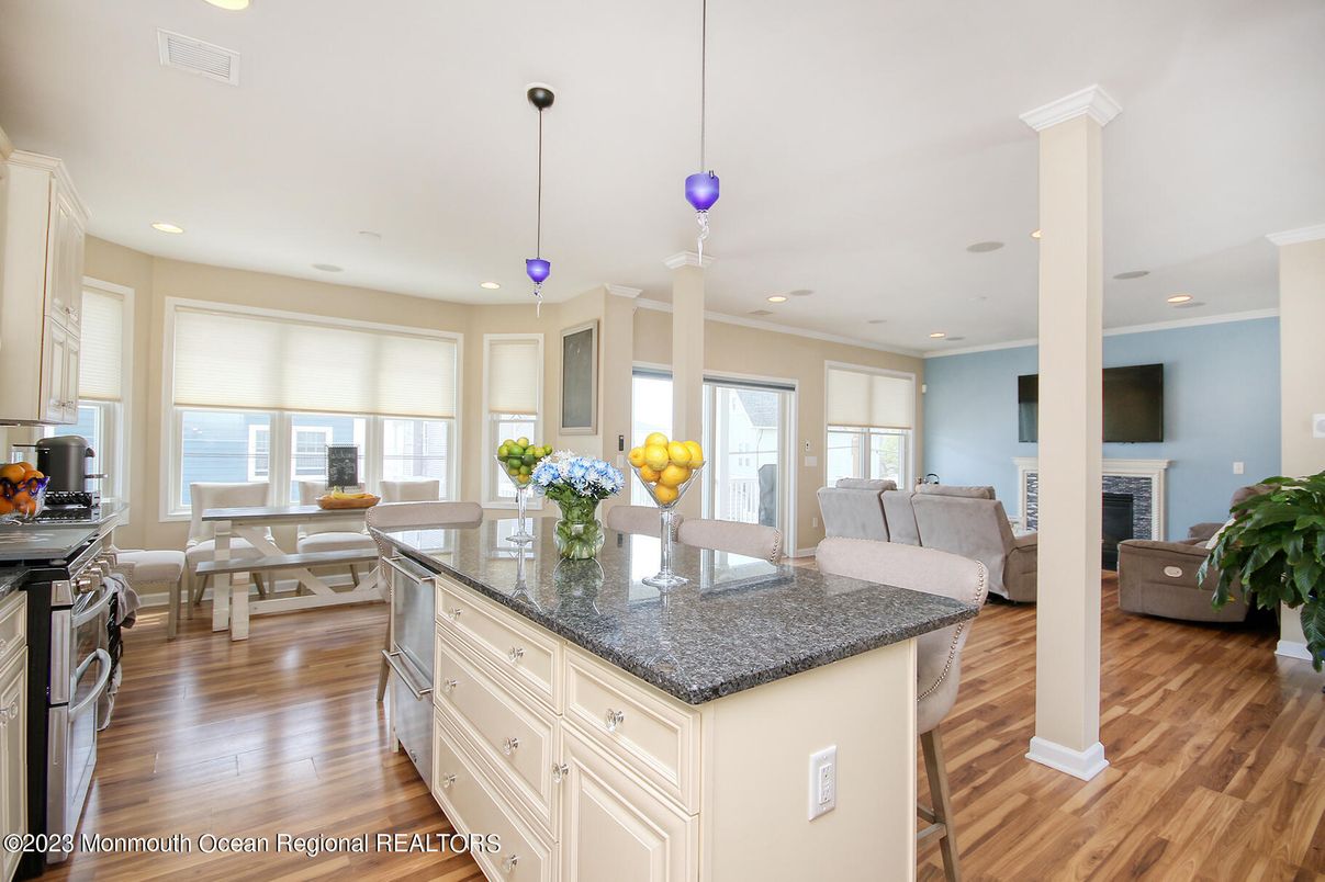Dining room, Fireplace, Interior, Kitchen, Living room, Pendant Lights, Recessed Lighting, Wood Texture Flooring