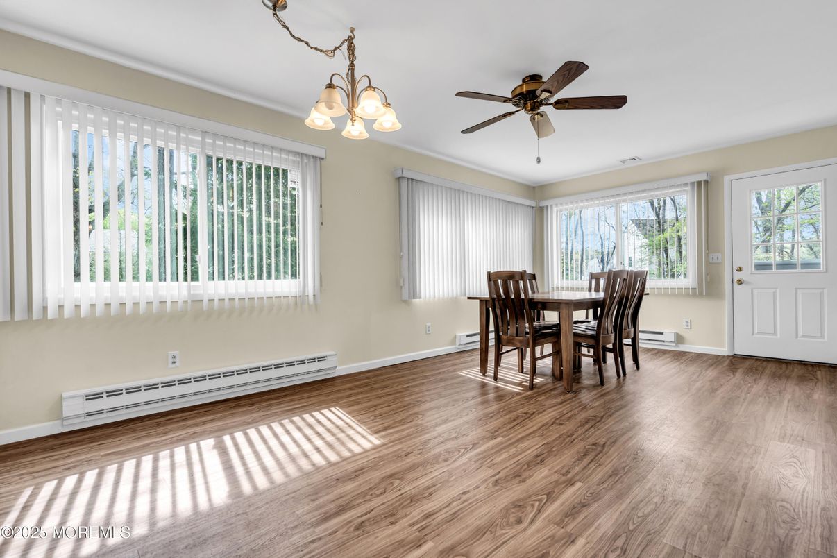Dining room, Interior, Pendant Lights, Wood Texture Flooring