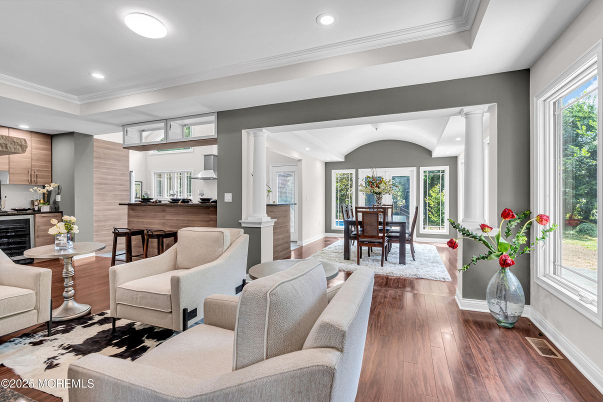 Dining room, Interior, Kitchen, Living room, Recessed Lighting, Stainless Steel Appliances, Wood Texture Flooring