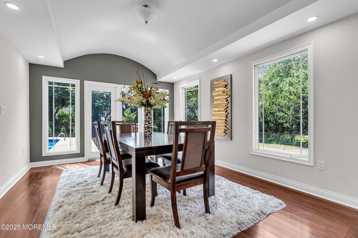 Dining room, Interior, Recessed Lighting, Wood Texture Flooring