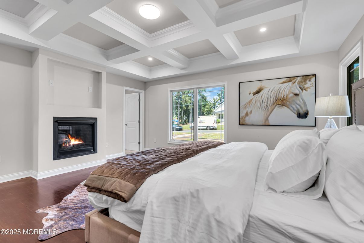 Bedroom, Fireplace, Interior, Recessed Lighting, Wood Texture Flooring