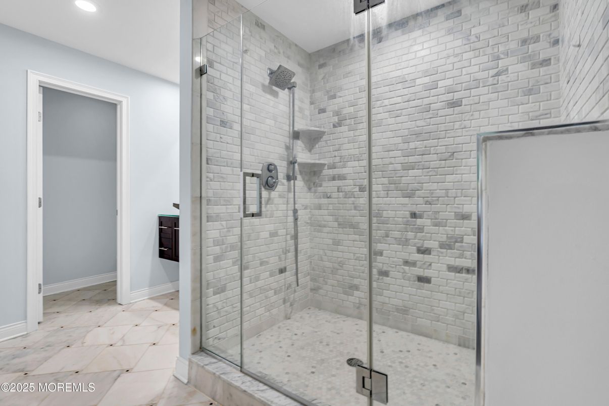 Bathroom, Glass Shower, Interior, Recessed Lighting, Stone Walls
