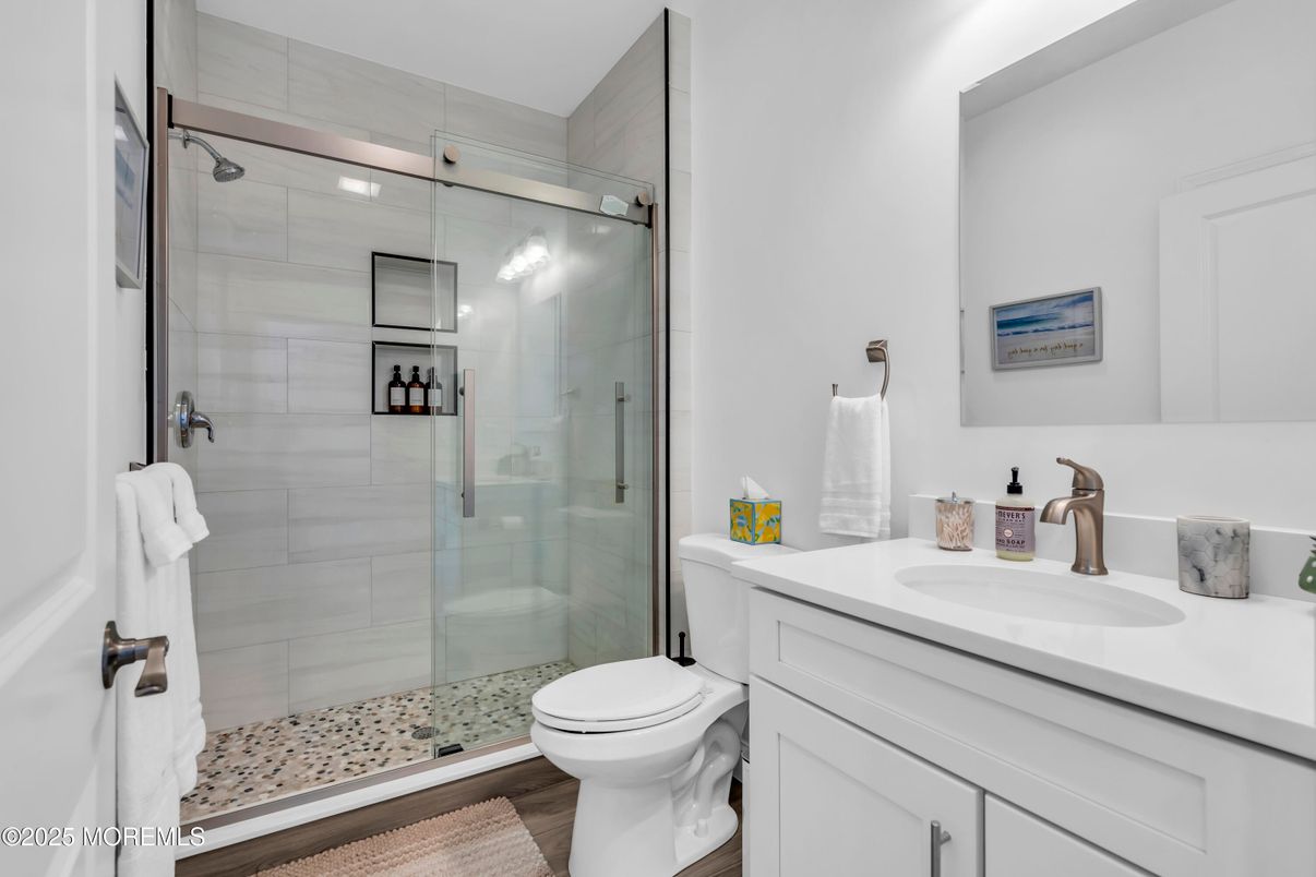 Bathroom, Glass Shower, Interior, Wood Texture Flooring
