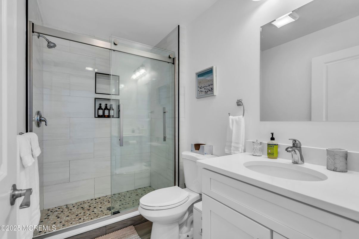 Bathroom, Glass Shower, Interior, Wood Texture Flooring
