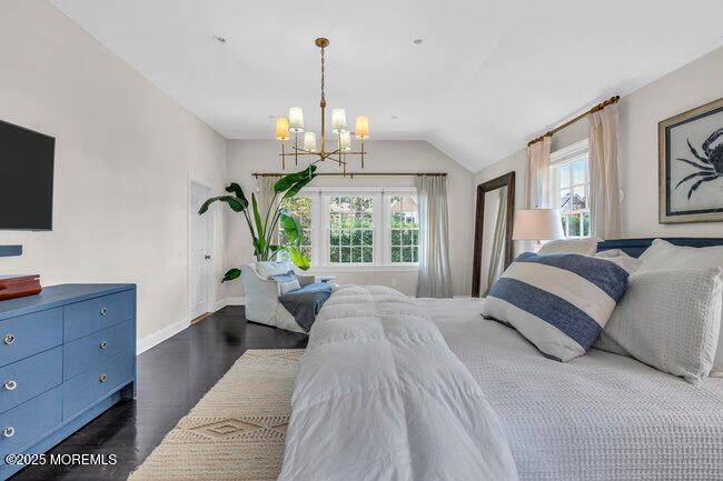Bedroom, Chandelier, Interior, Recessed Lighting, Wood Texture Flooring