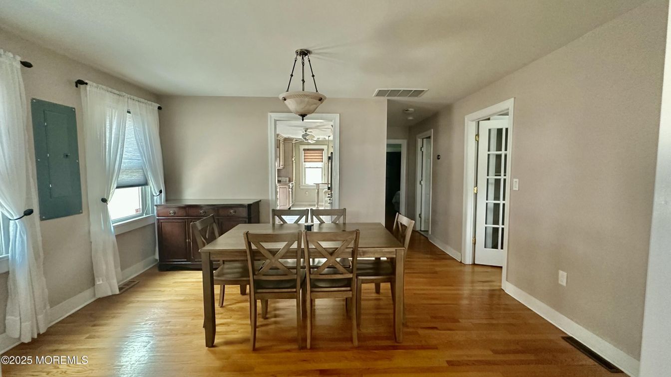 Dining room, Interior, Pendant Lights, Wood Texture Flooring