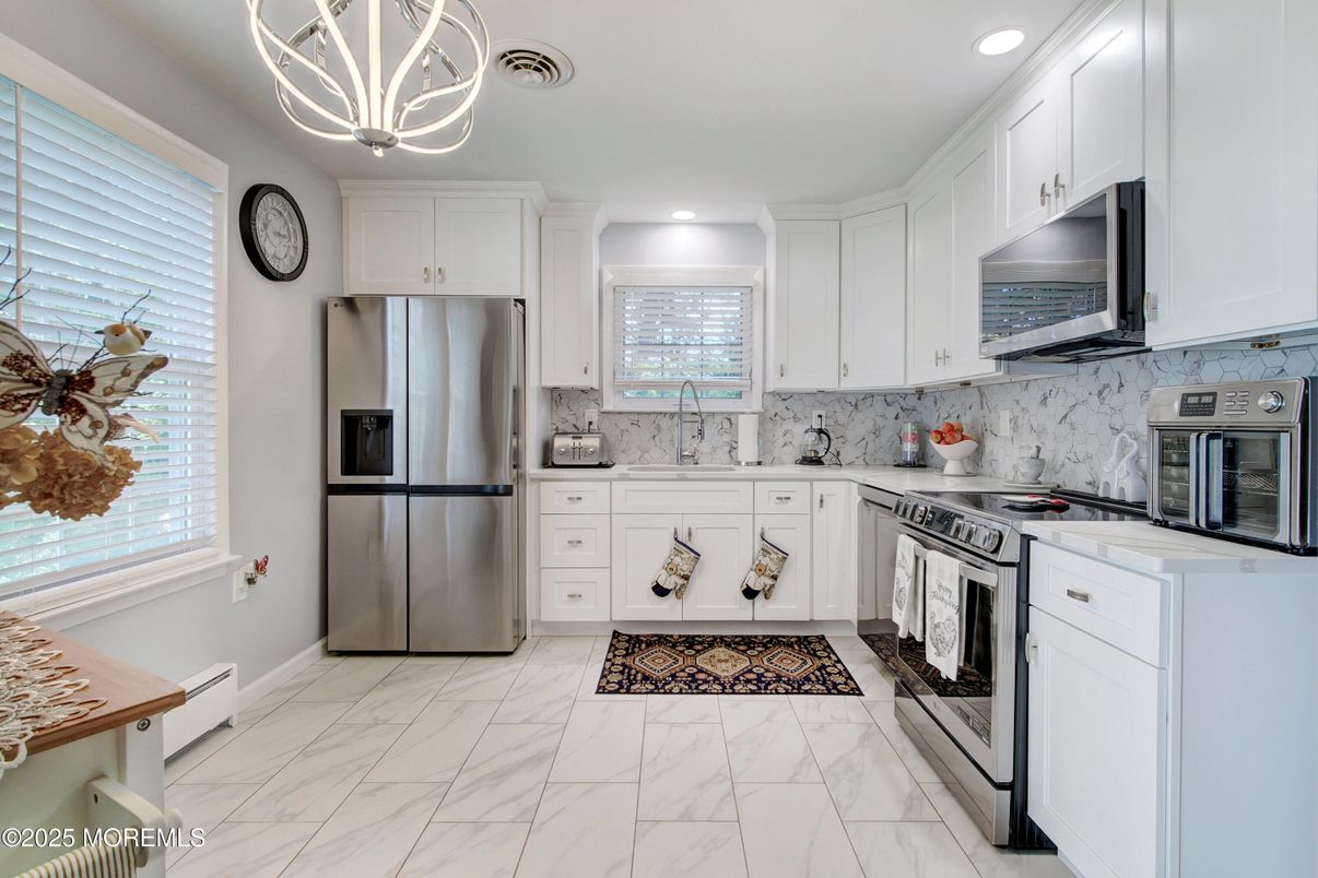 Interior, Kitchen, Marble, Pendant Lights, Recessed Lighting, Stainless Steel Appliances