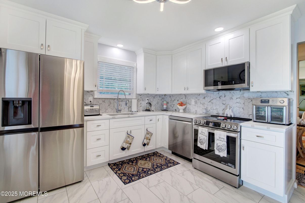 Interior, Kitchen, Marble, Recessed Lighting, Stainless Steel Appliances