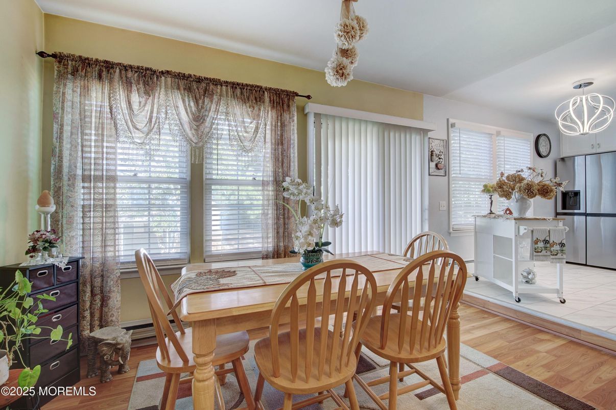 Dining room, Interior, Pendant Lights, Wood Texture Flooring