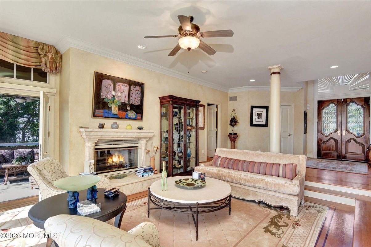 Fireplace, Interior, Living room, Recessed Lighting, Wood Texture Flooring