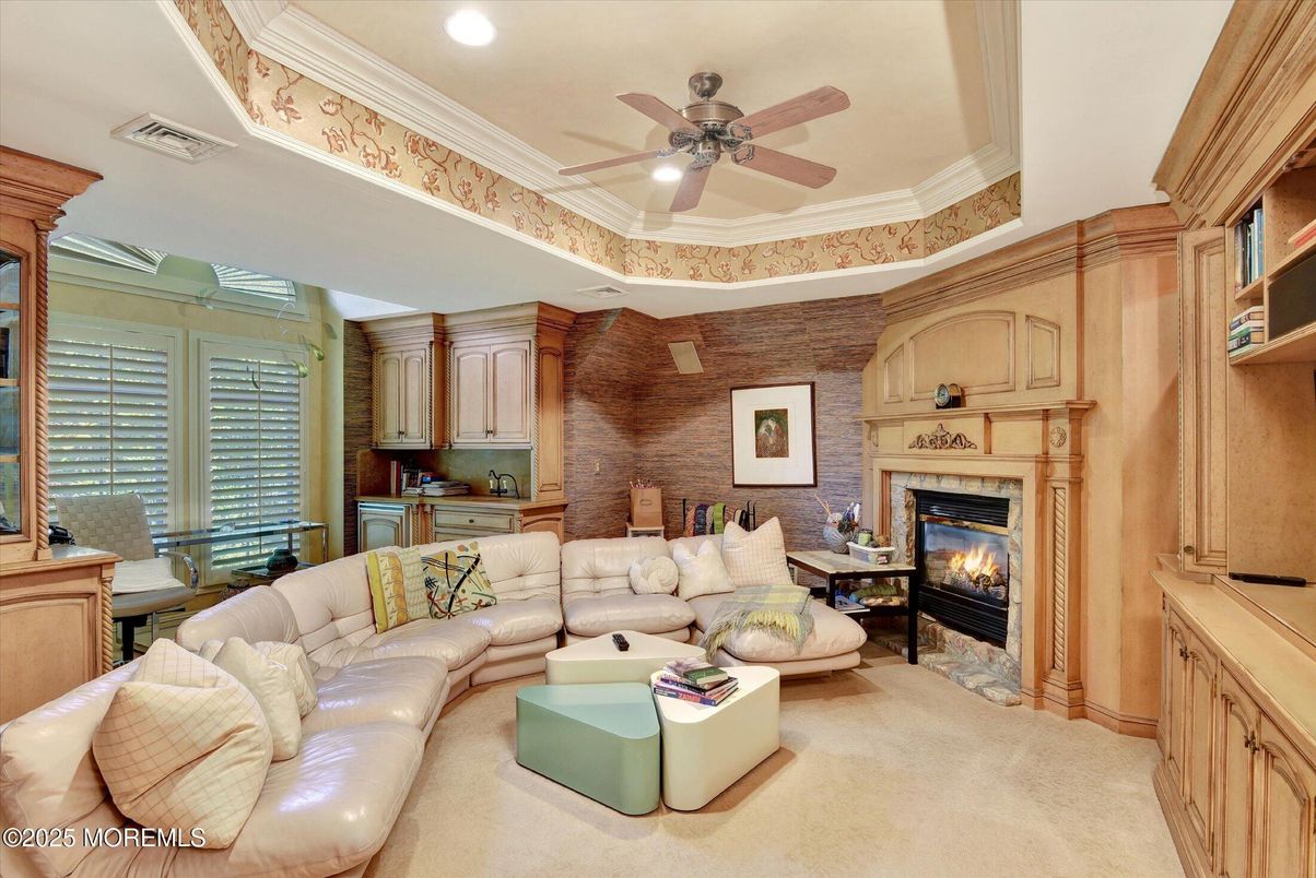 Fireplace, Interior, Living room, Recessed Lighting, Stone Walls