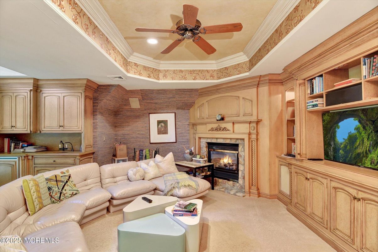 Dining room, Fireplace, Interior, Living room, Recessed Lighting, Stone Walls