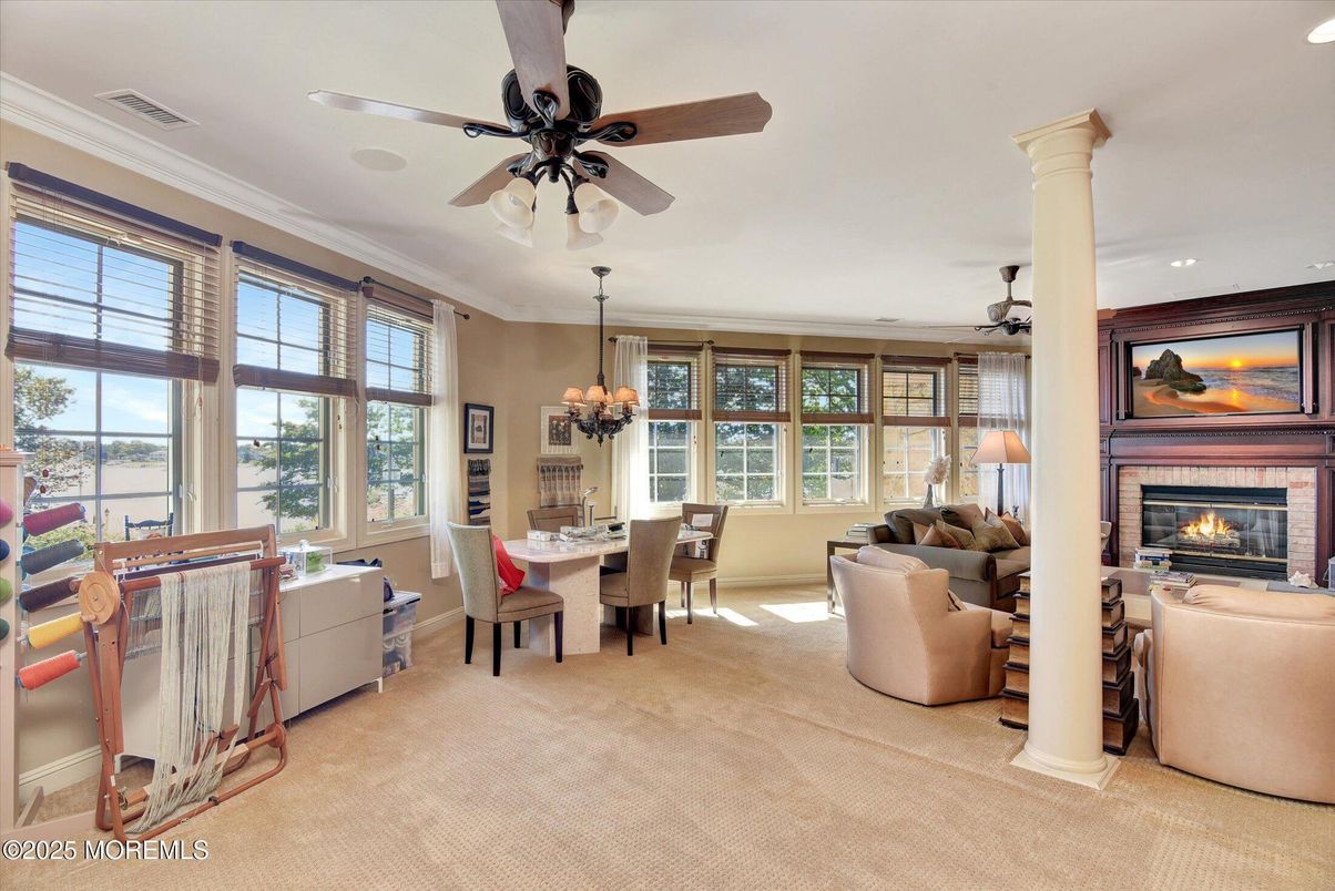 Chandelier, Dining room, Fireplace, Interior, Living room, Recessed Lighting