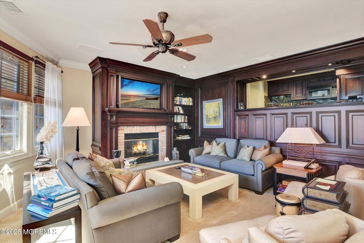 Fireplace, Interior, Living room, Recessed Lighting, Wooden Walls