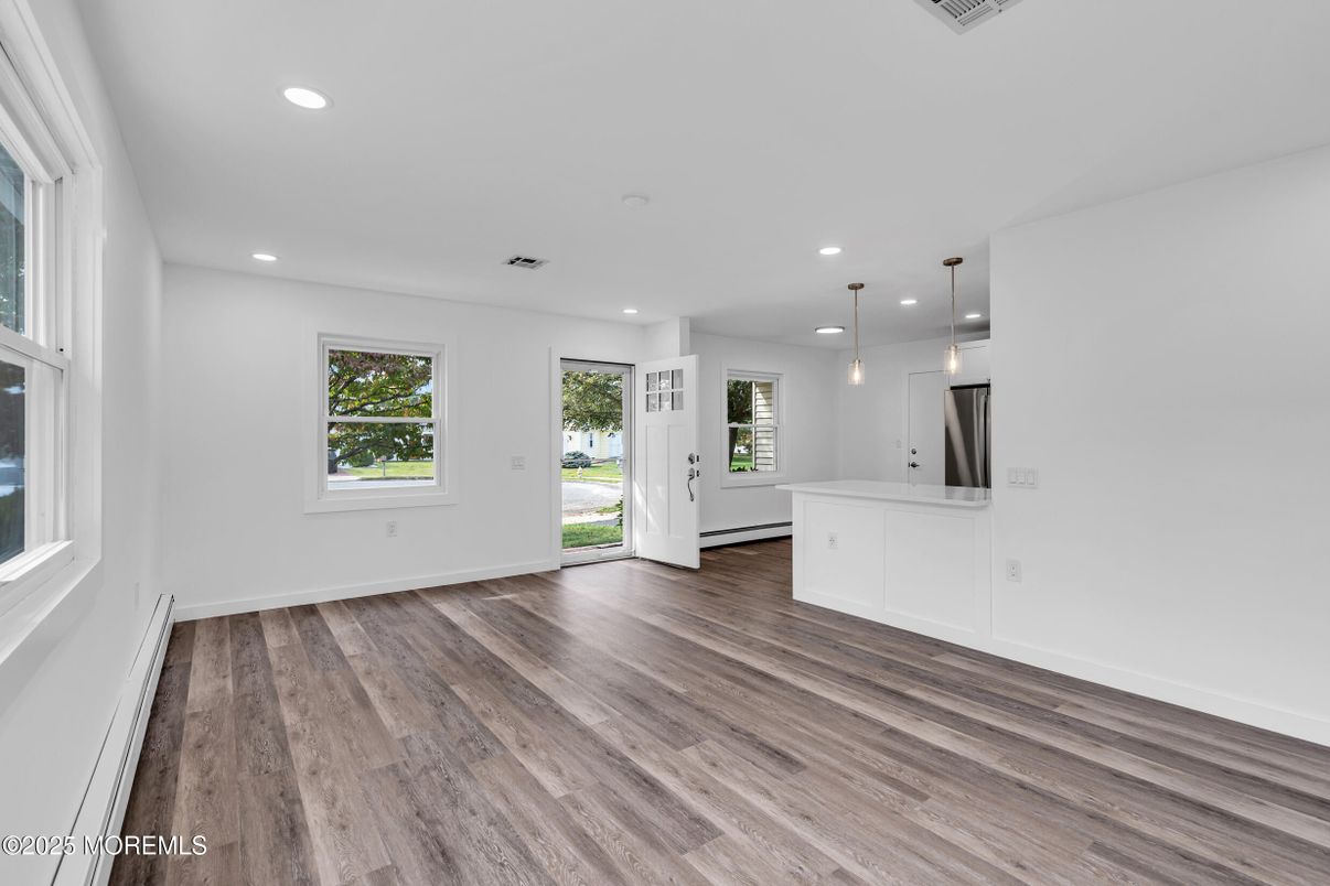 Empty room, Interior, Kitchen, Pendant Lights, Recessed Lighting, Wood Texture Flooring