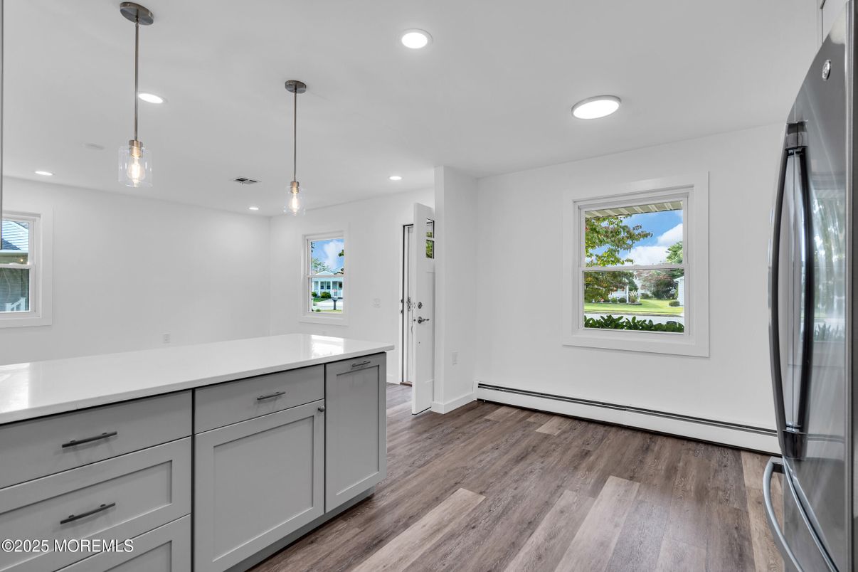 Interior, Kitchen, Pendant Lights, Recessed Lighting, Wood Texture Flooring
