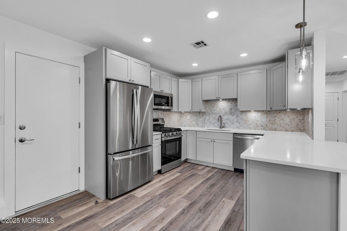 Interior, Kitchen, Pendant Lights, Recessed Lighting, Stainless Steel Appliances, Wood Texture Flooring