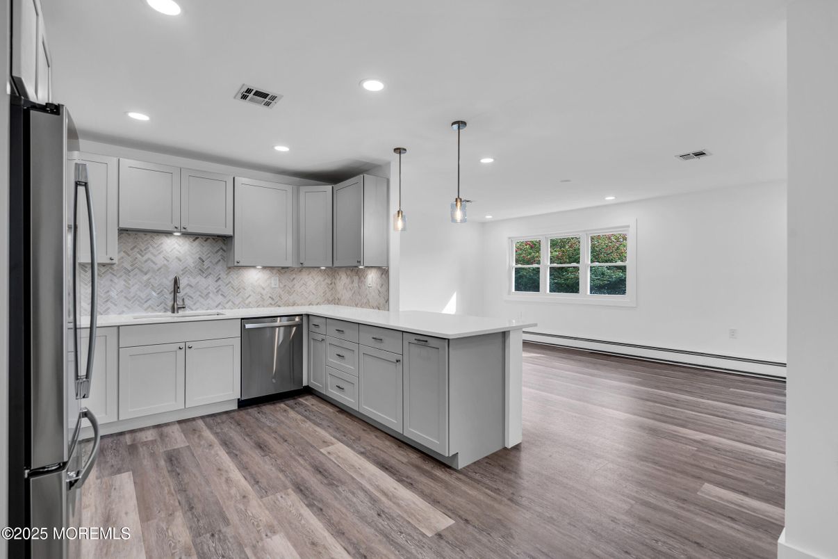 Interior, Kitchen, Pendant Lights, Recessed Lighting, Stainless Steel Appliances, Wood Texture Flooring