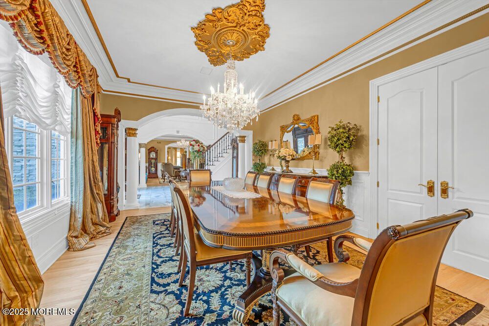 Chandelier, Dining room, Interior, Wood Texture Flooring