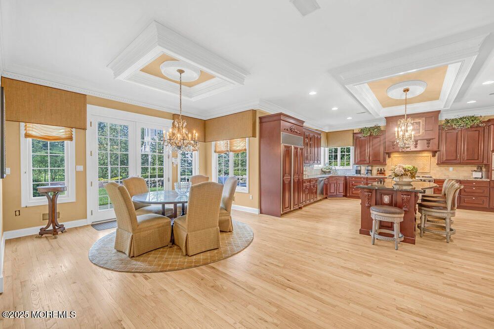 Chandelier, Dining room, Interior, Kitchen, Recessed Lighting, Wood Texture Flooring