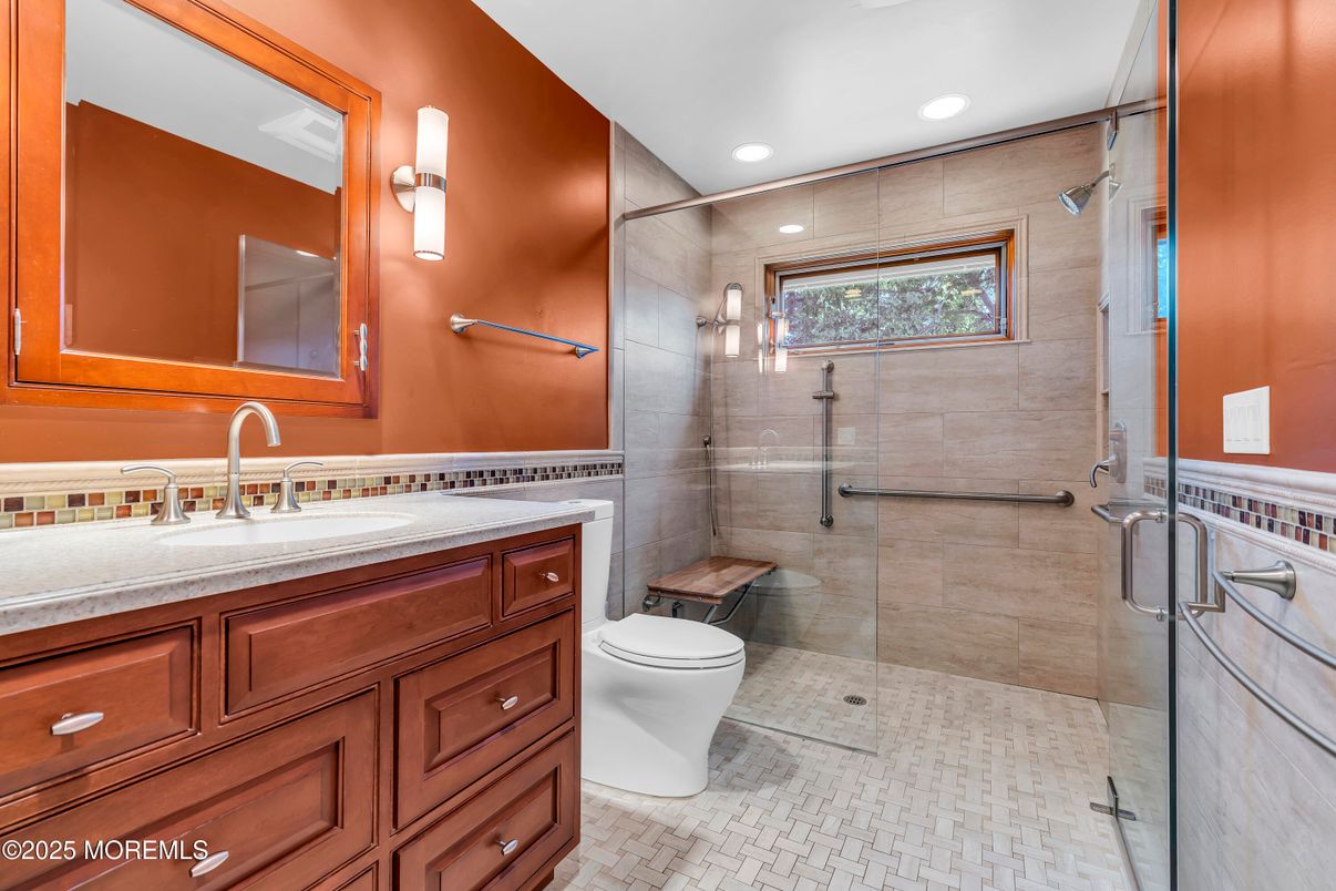 Bathroom, Glass Shower, Interior, Recessed Lighting, Tile Countertops