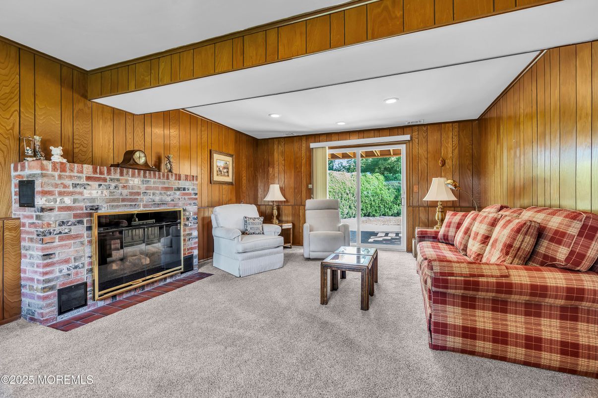 Fireplace, Interior, Living room, Recessed Lighting, Wooden Walls