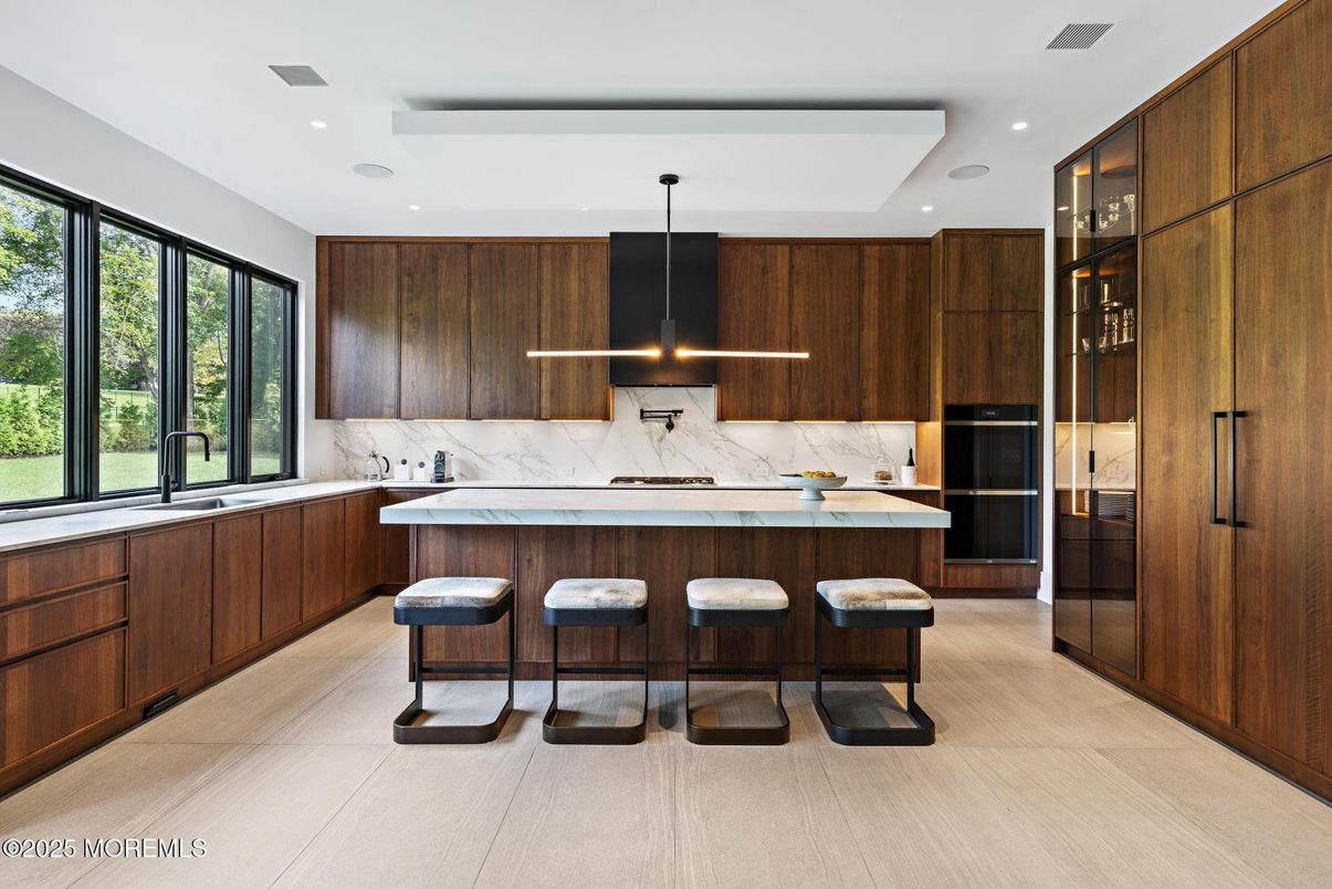 Interior, Kitchen, Marble Walls, Pendant Lights, Recessed Lighting