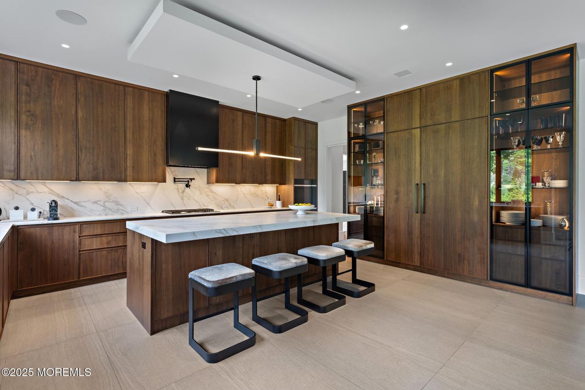 Interior, Kitchen, Marble Walls, Pendant Lights, Recessed Lighting