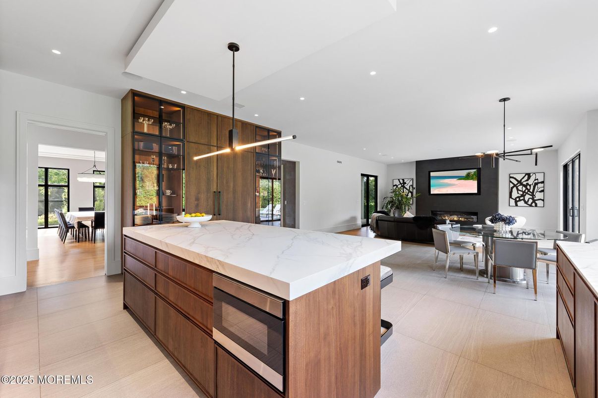 Dining room, Fireplace, Interior, Kitchen, Living room, Pendant Lights, Recessed Lighting