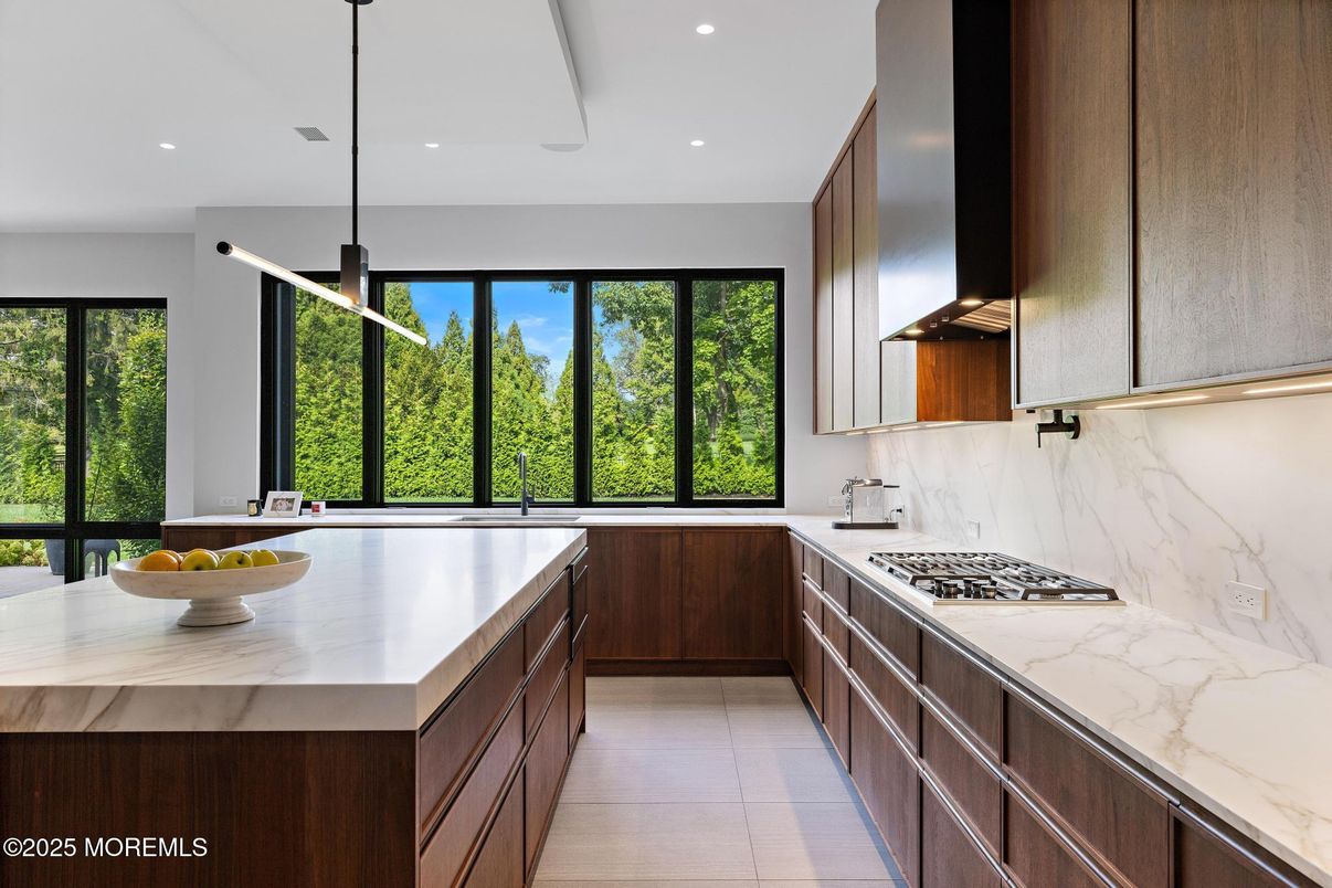 Interior, Kitchen, Marble Walls, Pendant Lights, Recessed Lighting