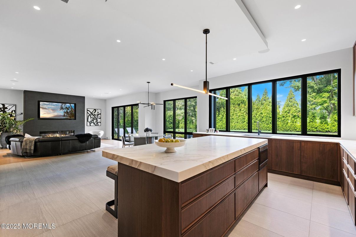 Fireplace, Interior, Kitchen, Living room, Pendant Lights, Recessed Lighting