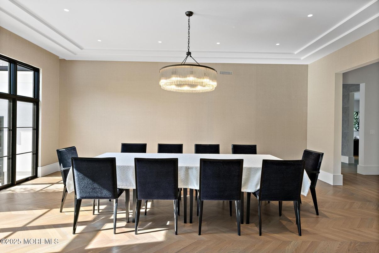 Dining room, Interior, Pendant Lights, Recessed Lighting, Wood Texture Flooring