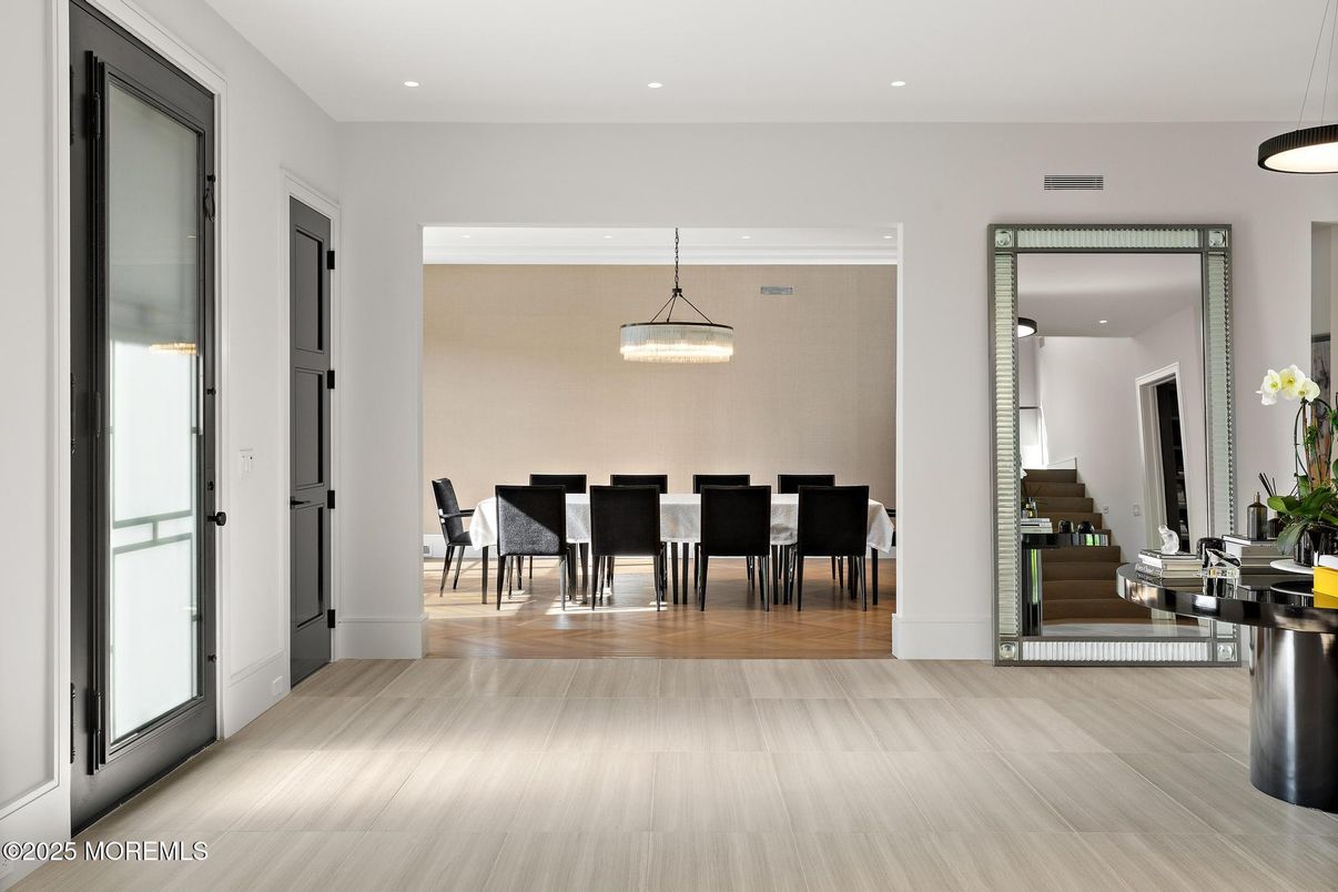 Dining room, Interior, Pendant Lights, Recessed Lighting, Wood Texture Flooring