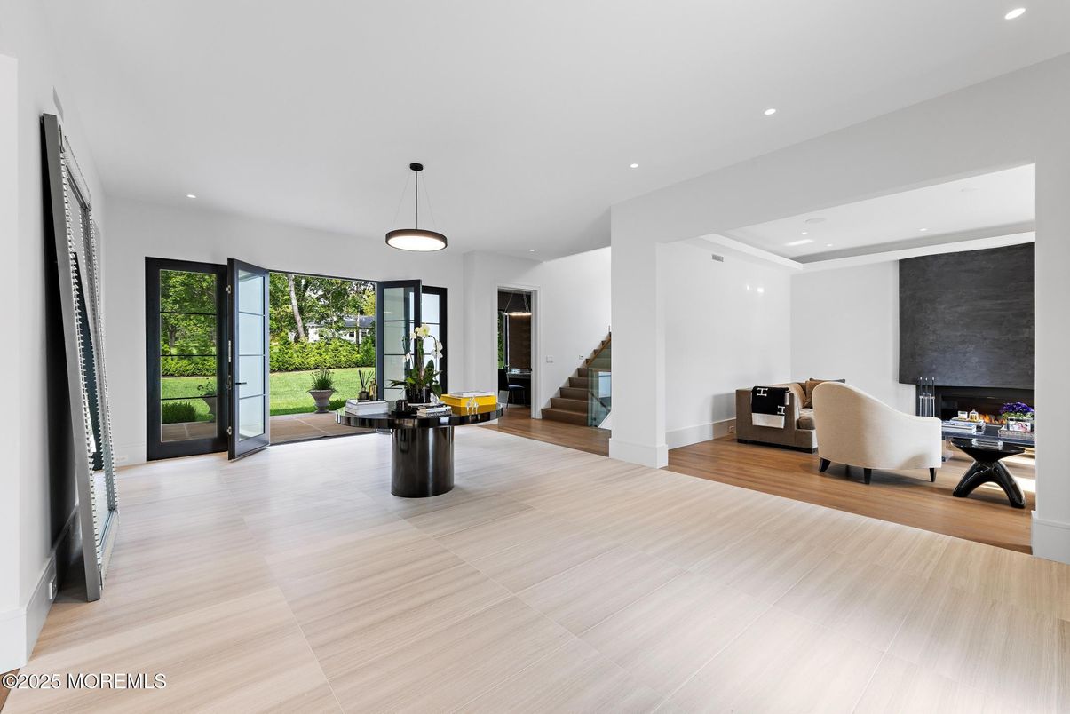 Fireplace, Interior, Pendant Lights, Recessed Lighting, Wood Texture Flooring