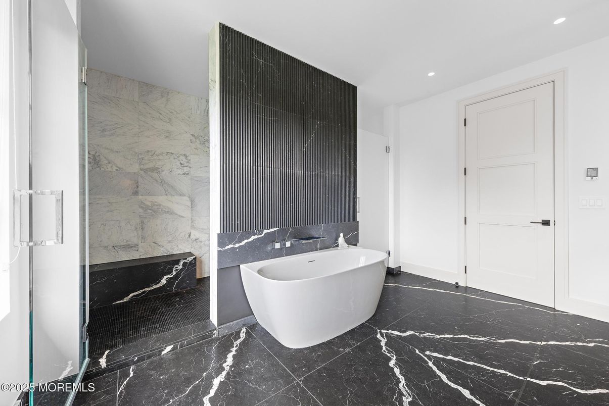 Bathroom, Free Standing Baths, Interior, Marble, Marble Walls, Recessed Lighting
