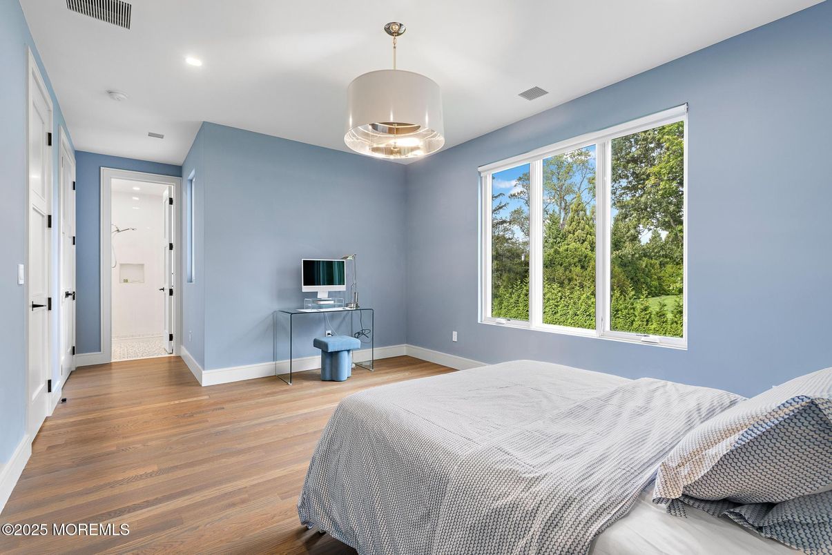 Bedroom, Interior, Pendant Lights, Recessed Lighting, Wood Texture Flooring