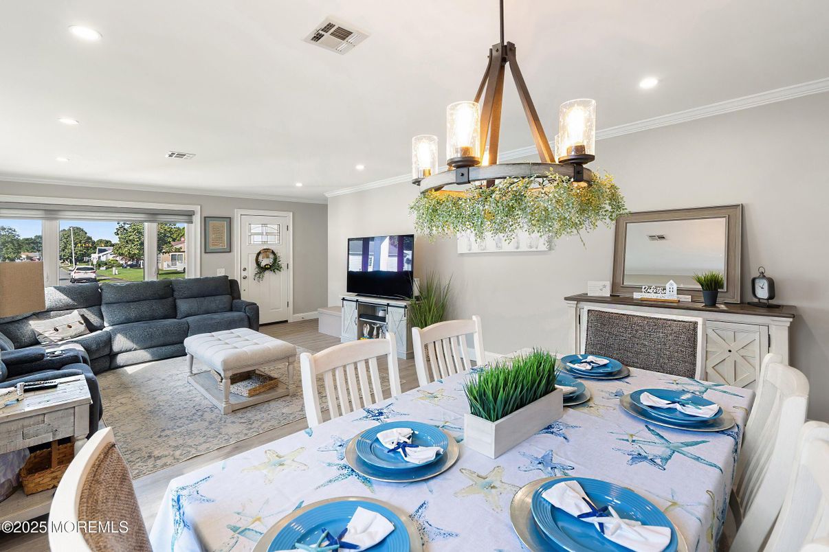 Dining room, Fireplace, Interior, Living room, Pendant Lights, Recessed Lighting