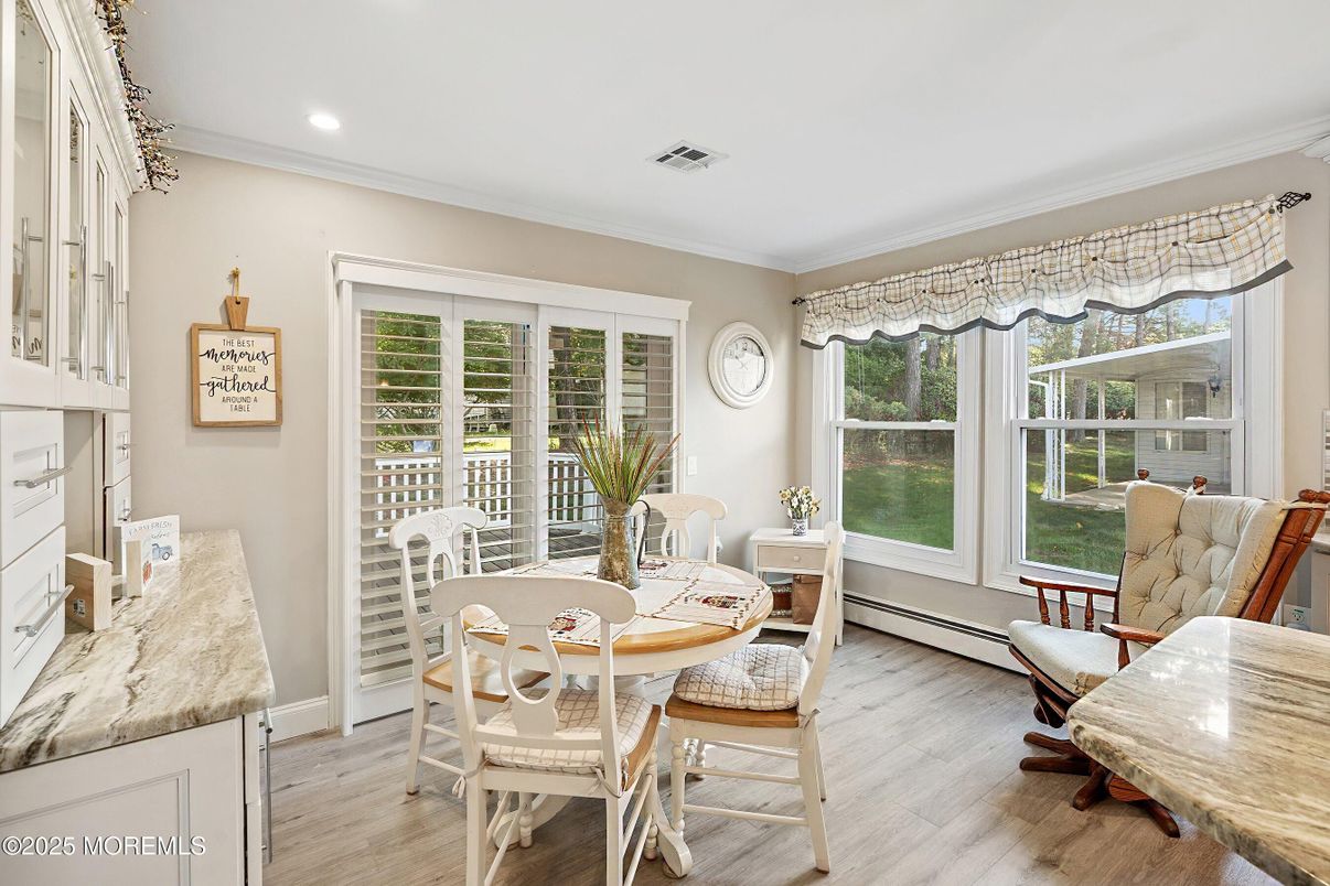 Dining room, Interior, Recessed Lighting, Wood Texture Flooring