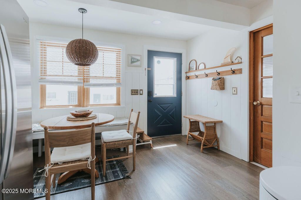 Dining room, Interior, Pendant Lights, Wood Texture Flooring
