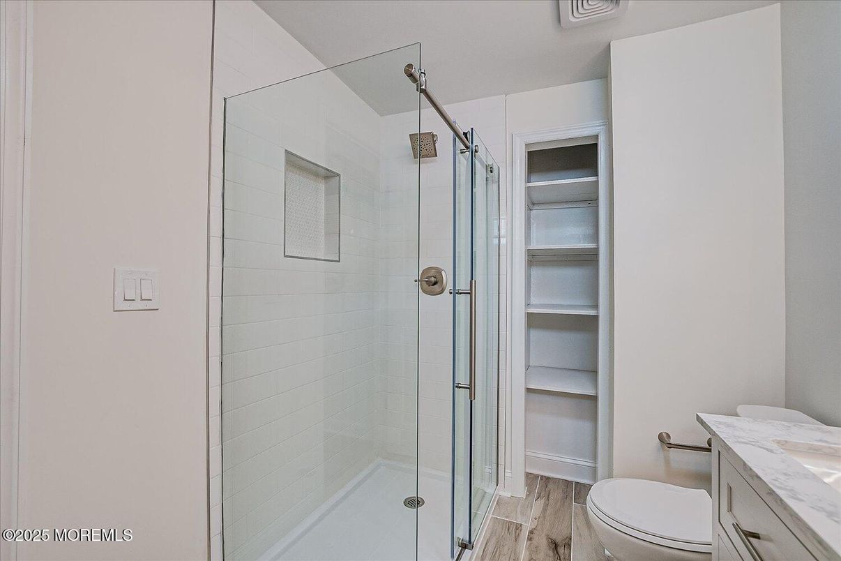 Bathroom, Glass Shower, Interior, Wood Texture Flooring