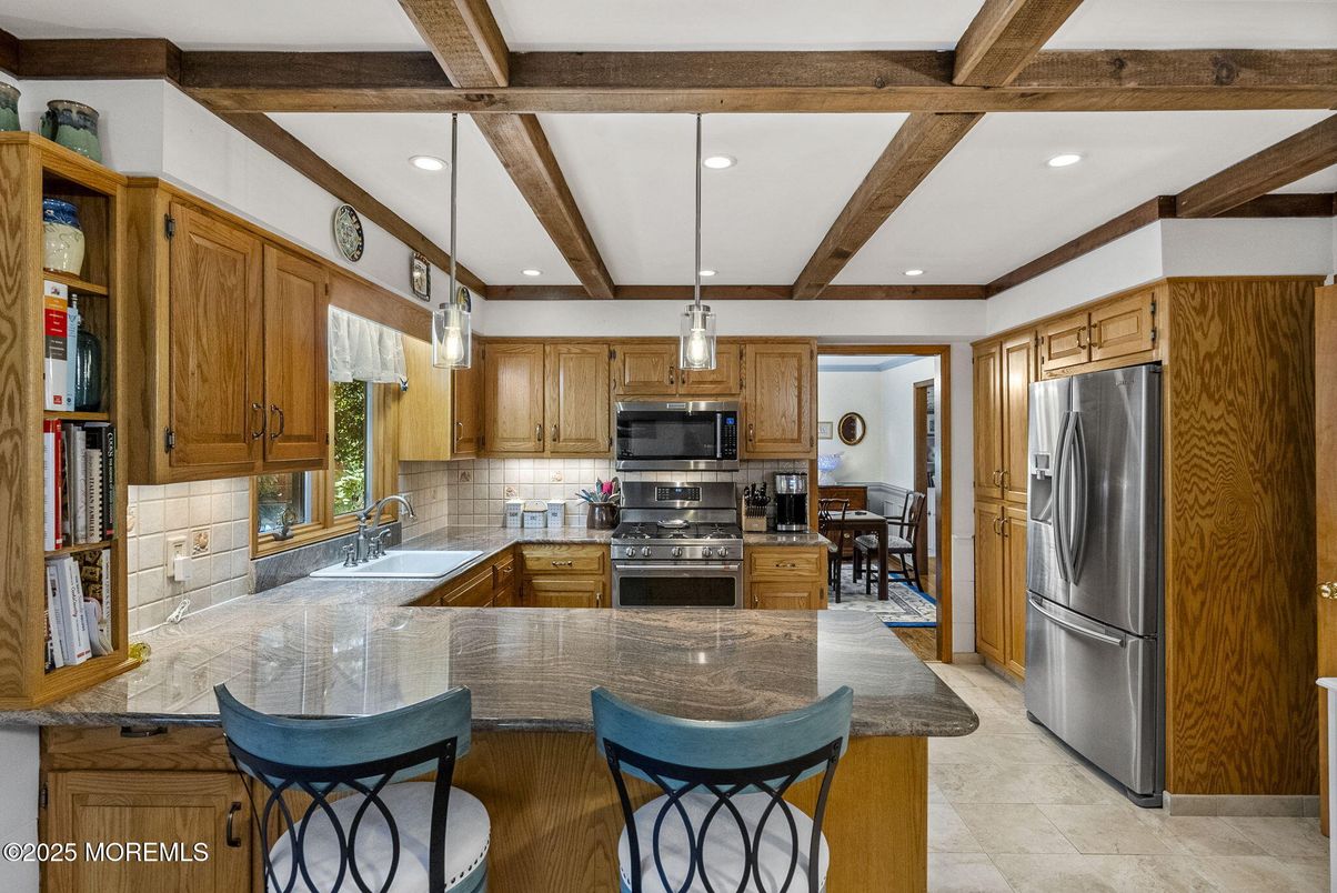 Interior, Kitchen, Pendant Lights, Recessed Lighting, Stainless Steel Appliances, Wooden Beams