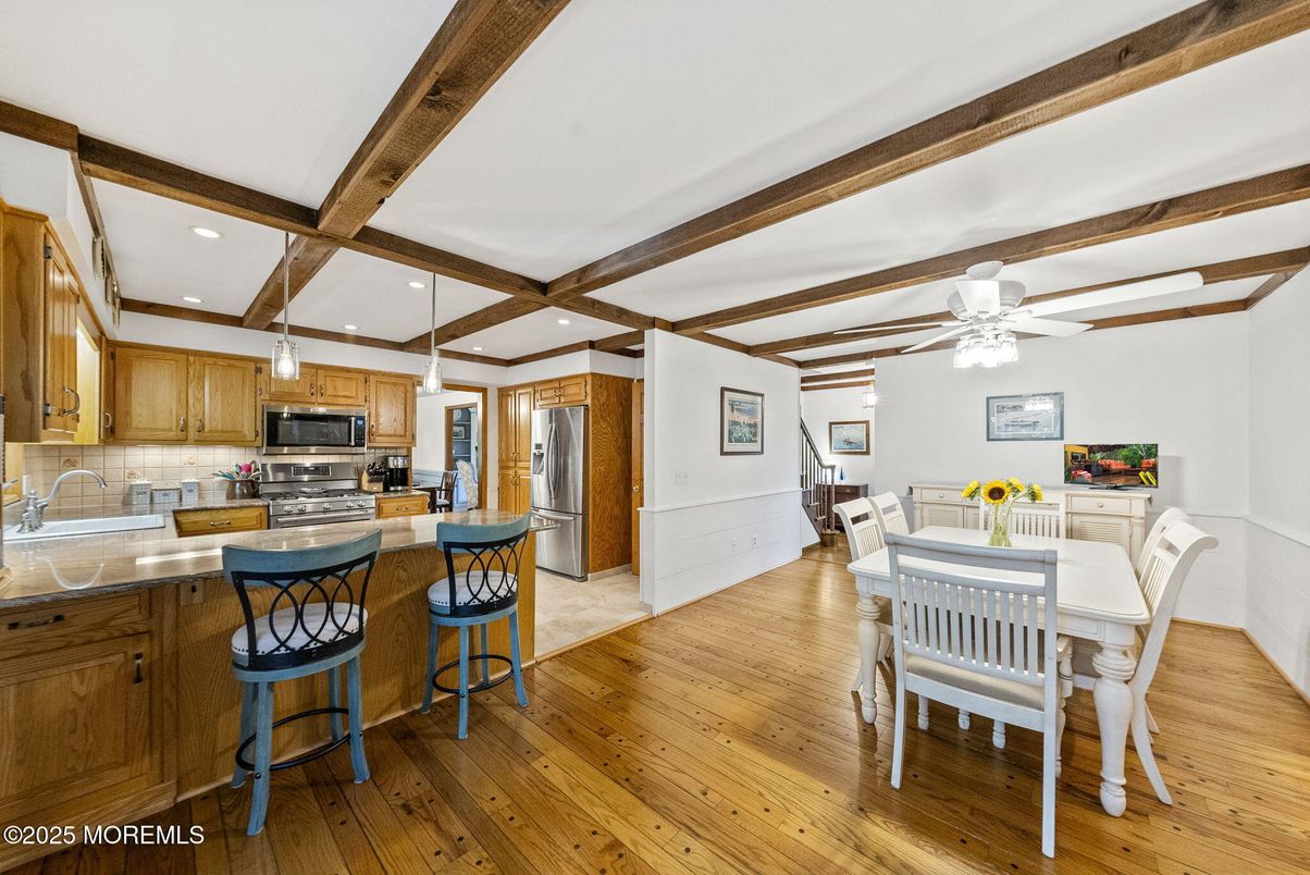 Dining room, Interior, Kitchen, Recessed Lighting, Stainless Steel Appliances, Wooden Beams, Wood Texture Flooring