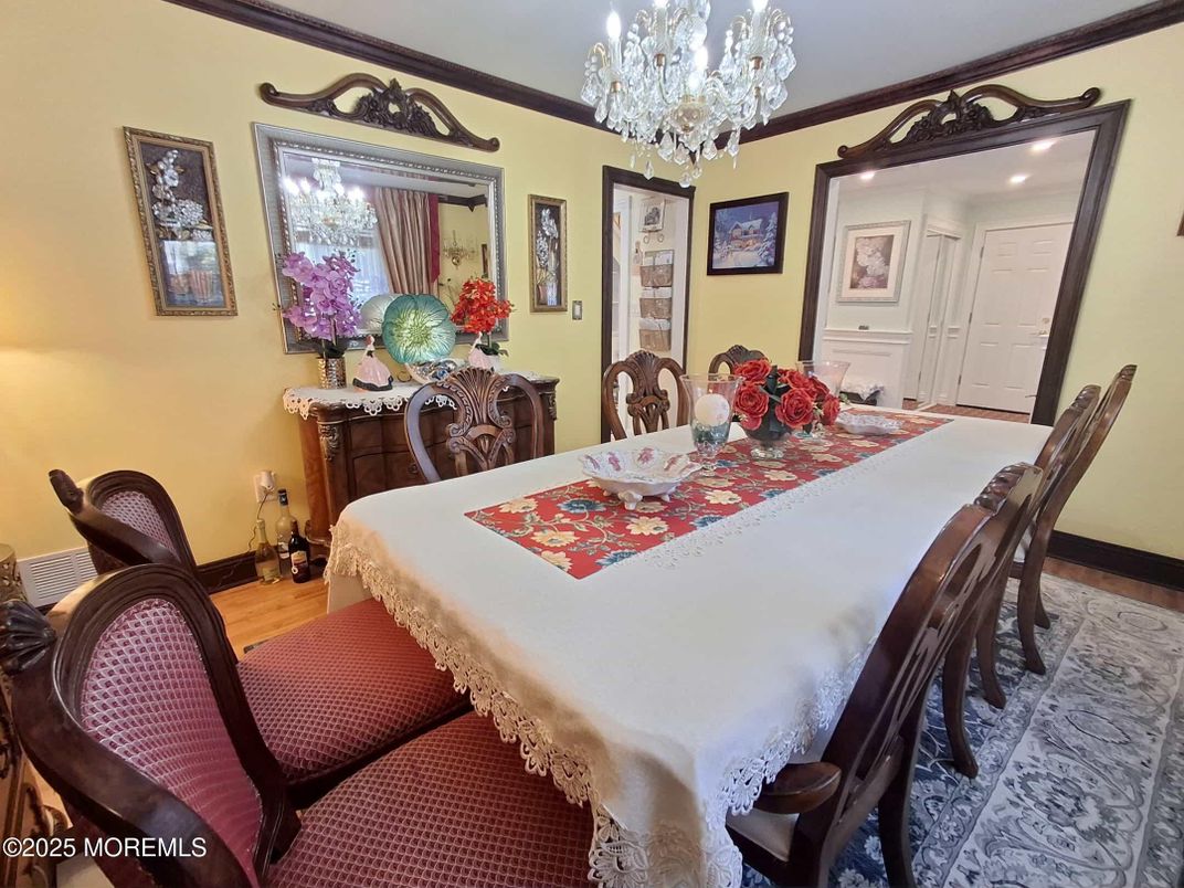 Chandelier, Dining room, Interior, Wood Texture Flooring